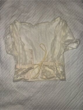 Cream Sheer Lace Tie Front Puff Sleeve Cottagecore Top XS